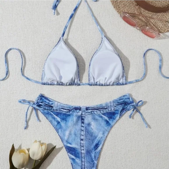 Denim Jean Look Triangle String, Lace up sides Bikini Large - Picture 3 of 10